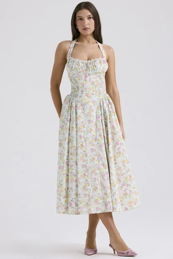 Adabella Pale Blue Meadow Print Cotton Halter Sundress Adabella Pale Blue Meadow Print Cotton Halter Sundress