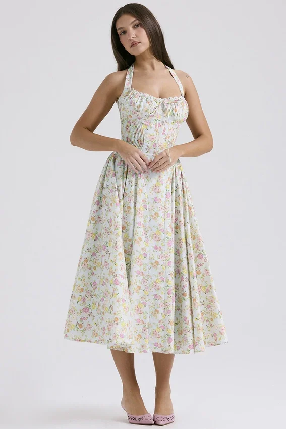 Adabella Pale Blue Meadow Print Cotton Halter Sundress Adabella Pale Blue Meadow Print Cotton Halter Sundress