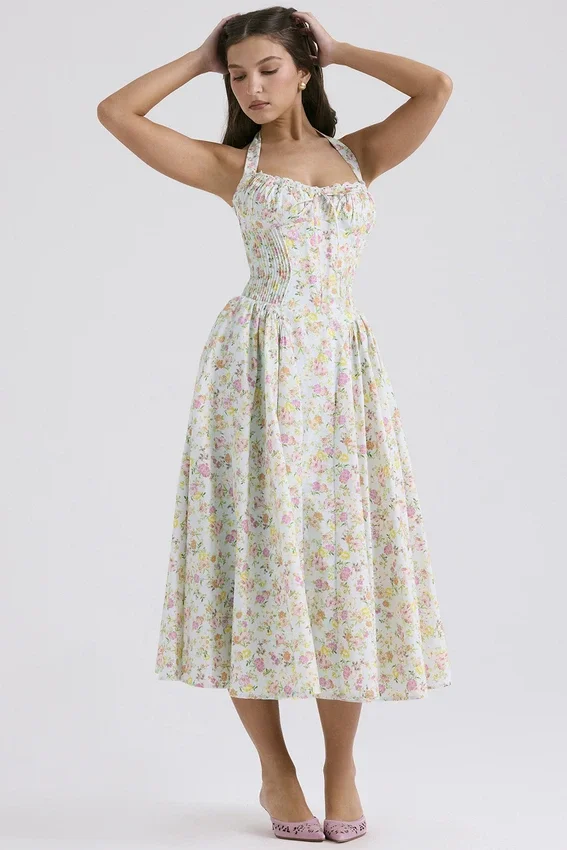 Adabella Pale Blue Meadow Print Cotton Halter Sundress Adabella Pale Blue Meadow Print Cotton Halter Sundress