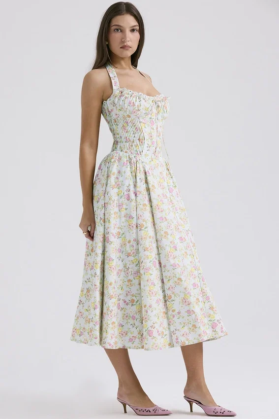 Adabella Pale Blue Meadow Print Cotton Halter Sundress Adabella Pale Blue Meadow Print Cotton Halter Sundress