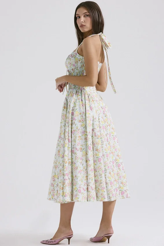 Adabella Pale Blue Meadow Print Cotton Halter Sundress Adabella Pale Blue Meadow Print Cotton Halter Sundress