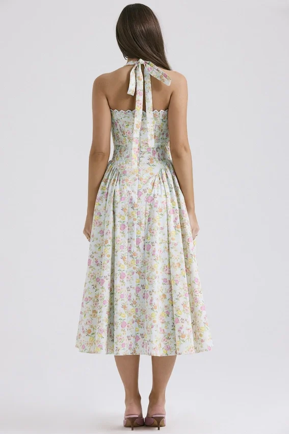 Adabella Pale Blue Meadow Print Cotton Halter Sundress Adabella Pale Blue Meadow Print Cotton Halter Sundress