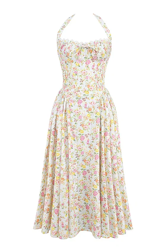 Adabella Pale Blue Meadow Print Cotton Halter Sundress Adabella Pale Blue Meadow Print Cotton Halter Sundress