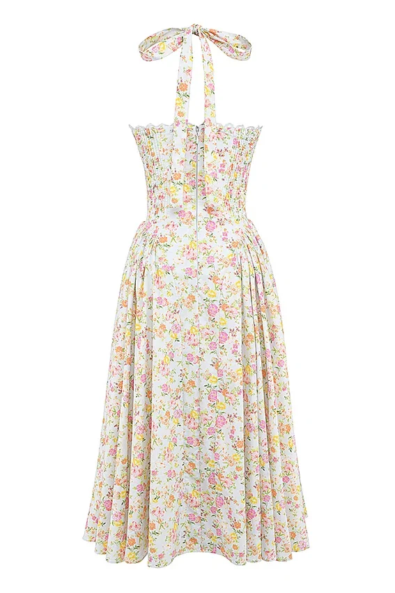 Adabella Pale Blue Meadow Print Cotton Halter Sundress Adabella Pale Blue Meadow Print Cotton Halter Sundress
