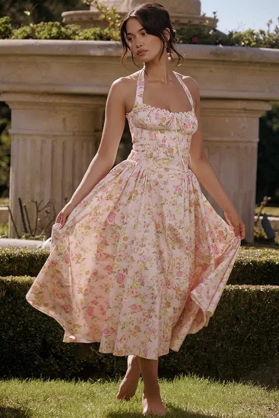 Adabella Pink Meadow Print Cotton Halter Midi Sundress Adabella Pink Meadow Print Cotton Halter Midi Sundress