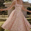 Adabella Pink Meadow Print Cotton Halter Midi Sundress Adabella Pink Meadow Print Cotton Halter Midi Sundress