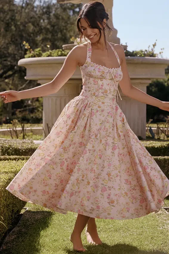 Adabella Pink Meadow Print Cotton Halter Midi Sundress Adabella Pink Meadow Print Cotton Halter Midi Sundress