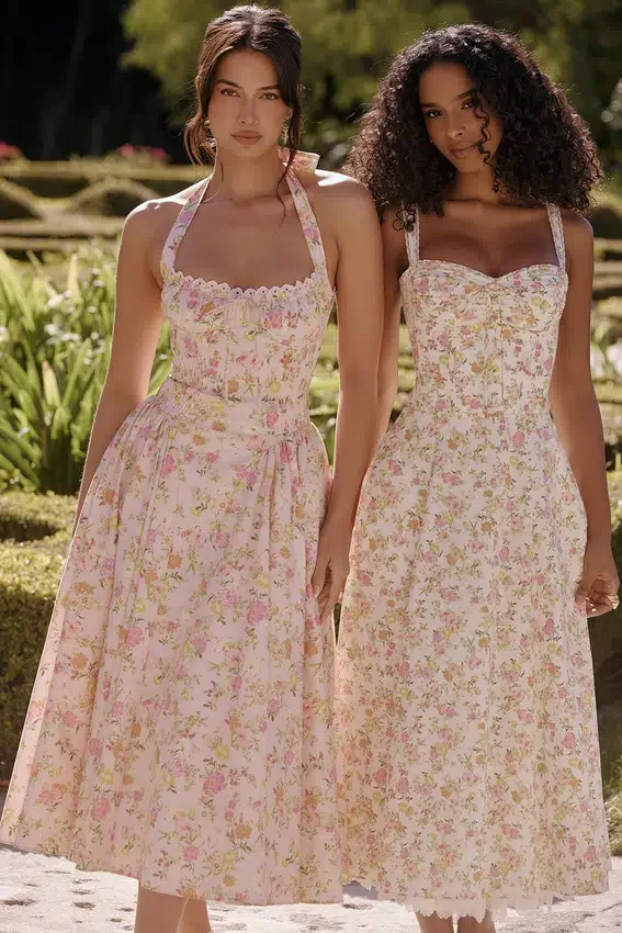 Adabella Pink Meadow Print Cotton Halter Midi Sundress Adabella Pink Meadow Print Cotton Halter Midi Sundress