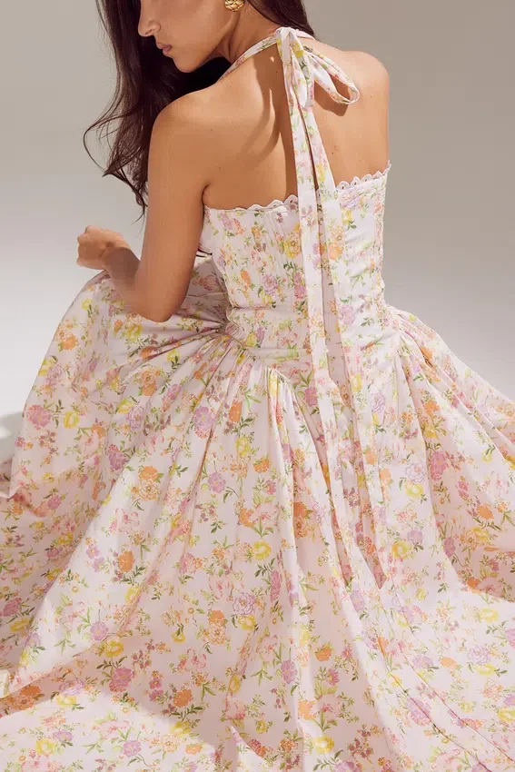 Adabella Pink Meadow Print Cotton Halter Midi Sundress Adabella Pink Meadow Print Cotton Halter Midi Sundress