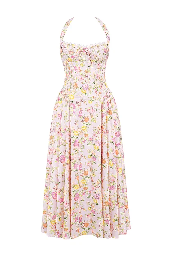 Adabella Pink Meadow Print Cotton Halter Midi Sundress Adabella Pink Meadow Print Cotton Halter Midi Sundress