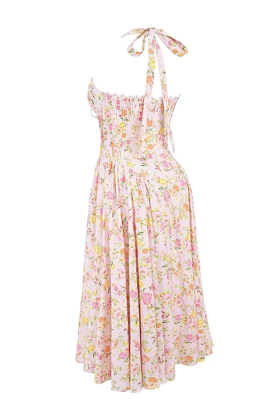 Adabella Pink Meadow Print Cotton Halter Midi Sundress Adabella Pink Meadow Print Cotton Halter Midi Sundress