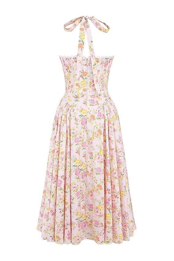 Adabella Pink Meadow Print Cotton Halter Midi Sundress Adabella Pink Meadow Print Cotton Halter Midi Sundress