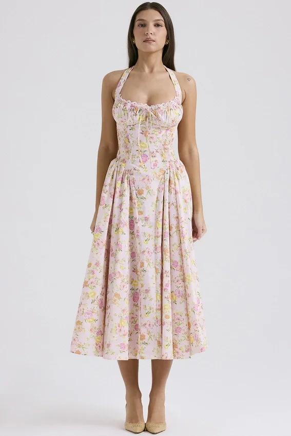 Adabella Pink Meadow Print Cotton Halter Midi Sundress Adabella Pink Meadow Print Cotton Halter Midi Sundress