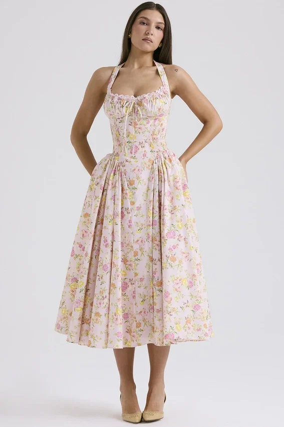 Adabella Pink Meadow Print Cotton Halter Midi Sundress Adabella Pink Meadow Print Cotton Halter Midi Sundress