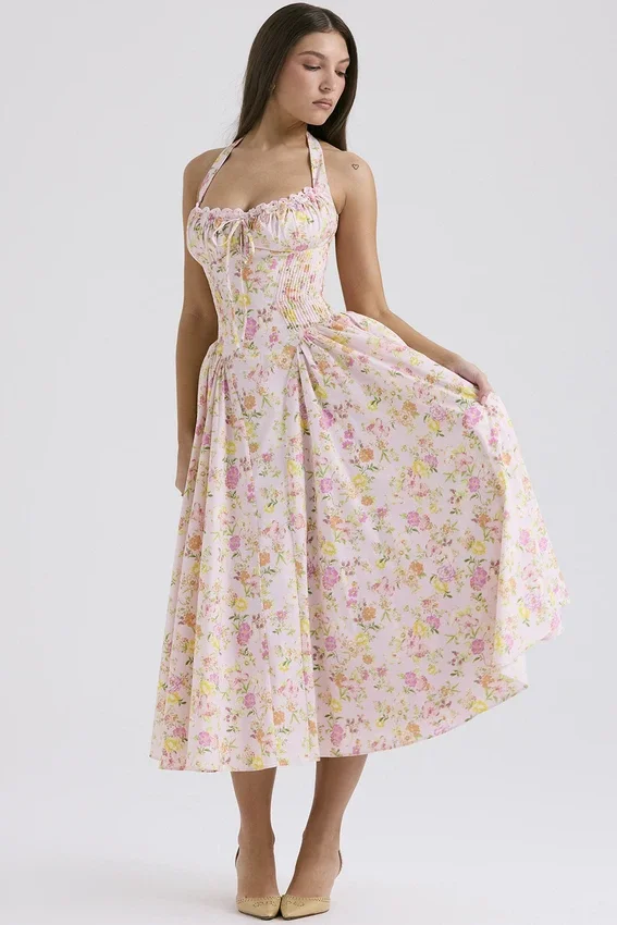 Adabella Pink Meadow Print Cotton Halter Midi Sundress Adabella Pink Meadow Print Cotton Halter Midi Sundress