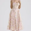 Adabella Pink Meadow Print Cotton Halter Midi Sundress Adabella Pink Meadow Print Cotton Halter Midi Sundress