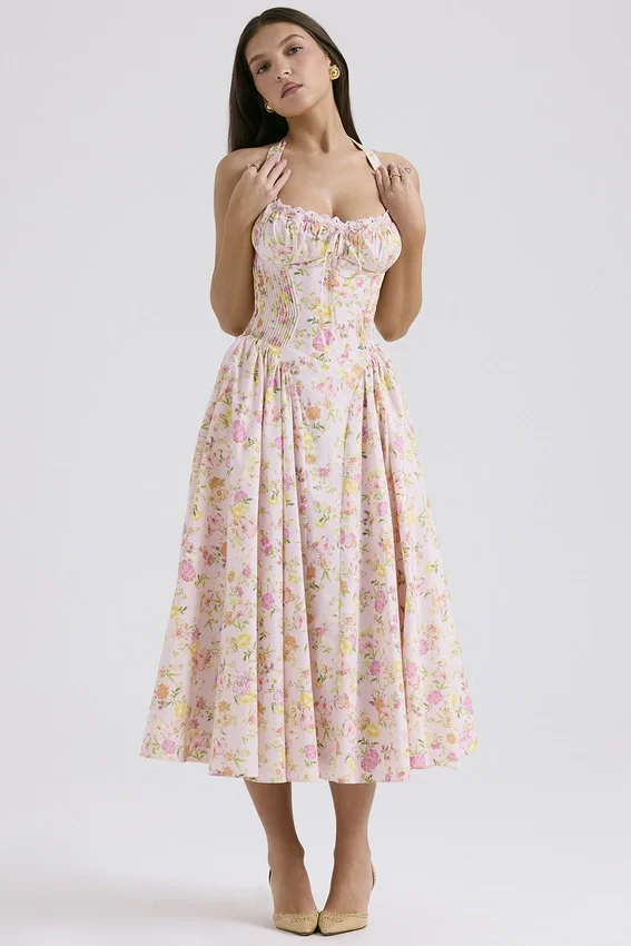 Adabella Pink Meadow Print Cotton Halter Midi Sundress Adabella Pink Meadow Print Cotton Halter Midi Sundress