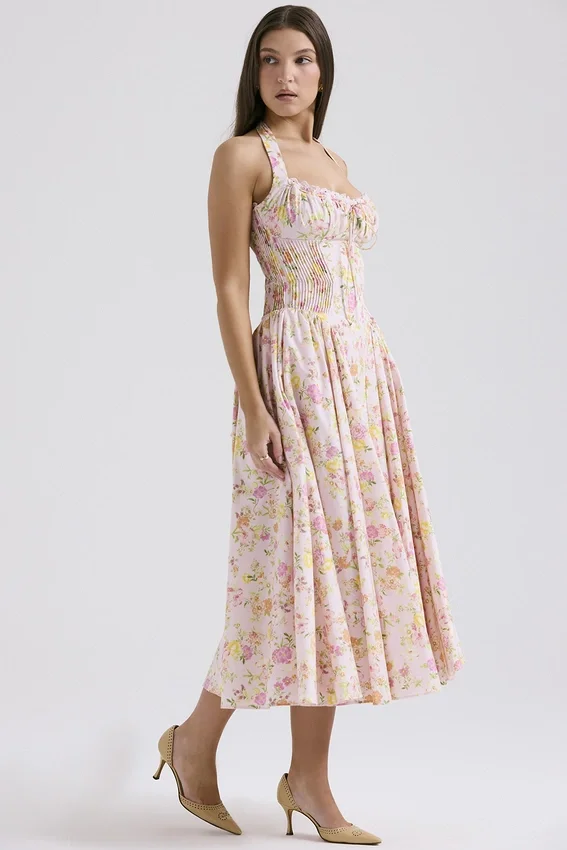 Adabella Pink Meadow Print Cotton Halter Midi Sundress Adabella Pink Meadow Print Cotton Halter Midi Sundress