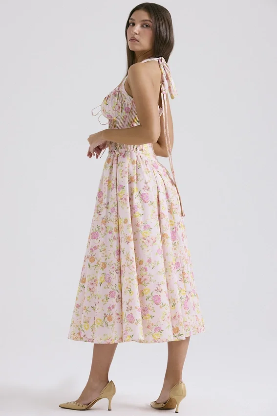 Adabella Pink Meadow Print Cotton Halter Midi Sundress Adabella Pink Meadow Print Cotton Halter Midi Sundress