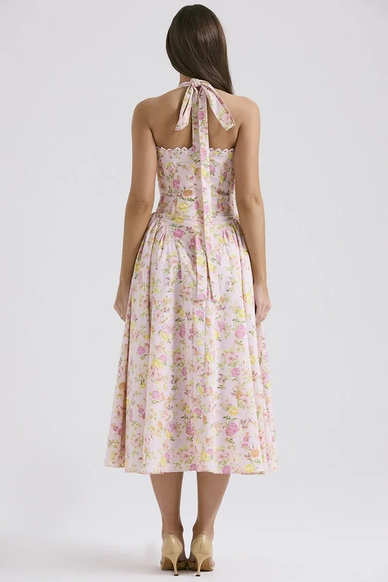 Adabella Pink Meadow Print Cotton Halter Midi Sundress Adabella Pink Meadow Print Cotton Halter Midi Sundress