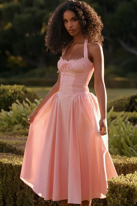 Adabella Rose Pink Cotton Halter Midi Sundress Adabella Rose Pink Cotton Halter Midi Sundress