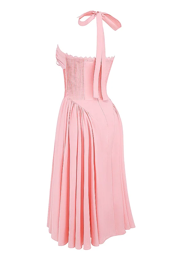 Adabella Rose Pink Cotton Halter Midi Sundress Adabella Rose Pink Cotton Halter Midi Sundress