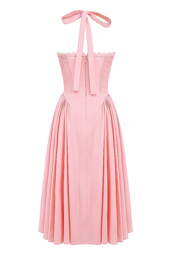 Adabella Rose Pink Cotton Halter Midi Sundress Adabella Rose Pink Cotton Halter Midi Sundress