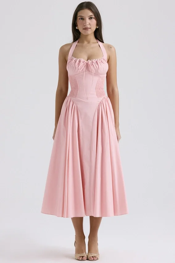 Adabella Rose Pink Cotton Halter Midi Sundress Adabella Rose Pink Cotton Halter Midi Sundress