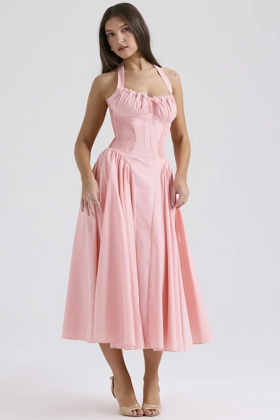 Adabella Rose Pink Cotton Halter Midi Sundress Adabella Rose Pink Cotton Halter Midi Sundress