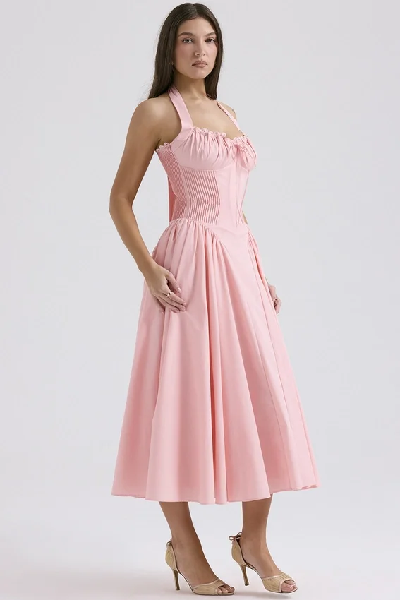 Adabella Rose Pink Cotton Halter Midi Sundress Adabella Rose Pink Cotton Halter Midi Sundress