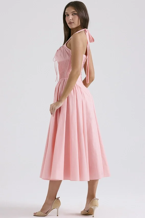 Adabella Rose Pink Cotton Halter Midi Sundress Adabella Rose Pink Cotton Halter Midi Sundress