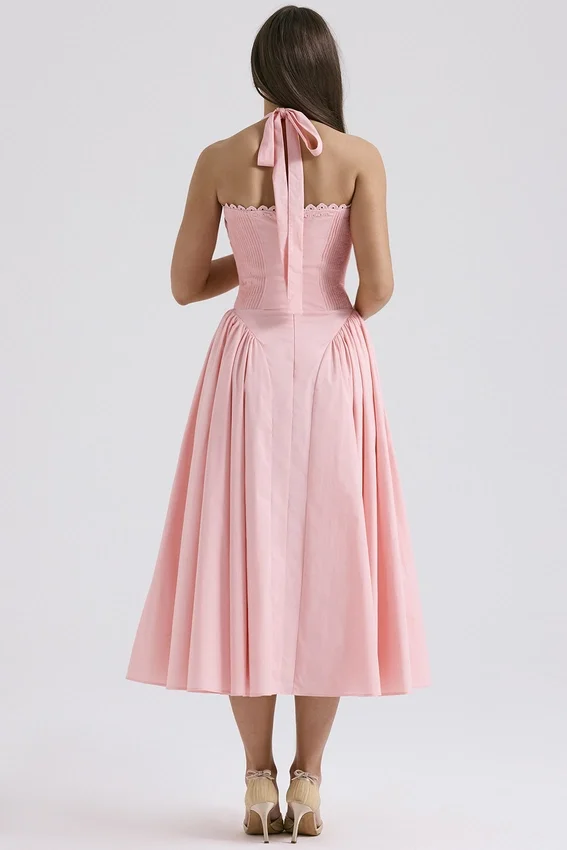 Adabella Rose Pink Cotton Halter Midi Sundress Adabella Rose Pink Cotton Halter Midi Sundress