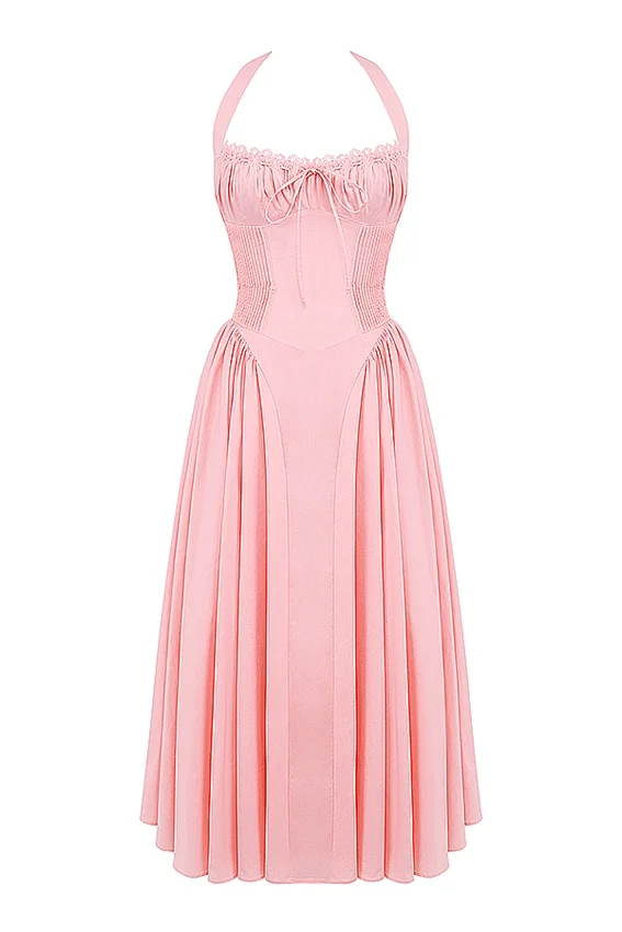 Adabella Rose Pink Cotton Halter Midi Sundress Adabella Rose Pink Cotton Halter Midi Sundress