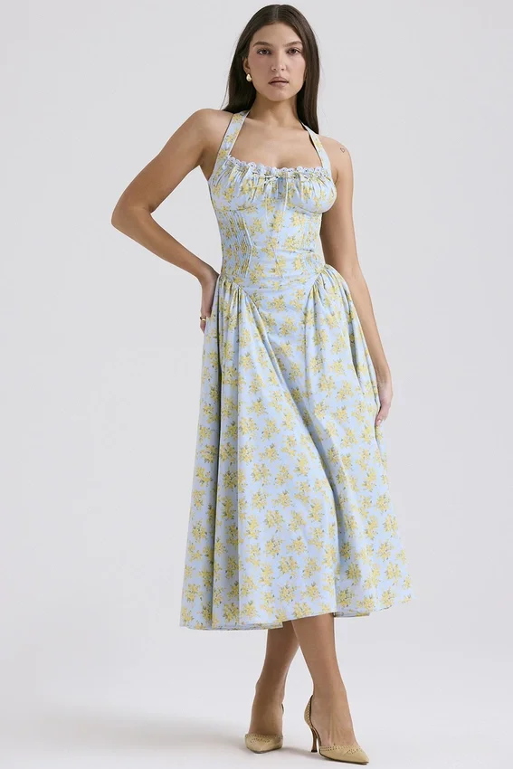 Adabella Soft Blue Vintage Floral Print Cotton Halter Sundress Adabella Soft Blue Vintage Floral Print Cotton Halter Sundress