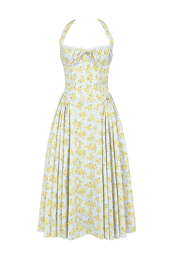 Adabella Soft Blue Vintage Floral Print Cotton Halter Sundress Adabella Soft Blue Vintage Floral Print Cotton Halter Sundress