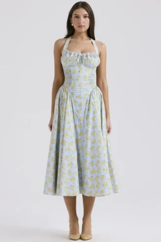 Adabella Soft Blue Vintage Floral Print Cotton Halter Sundress
