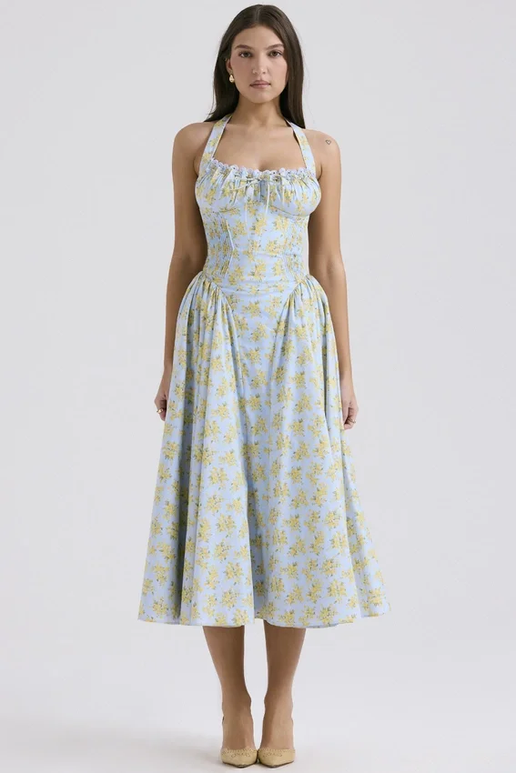 Adabella Soft Blue Vintage Floral Print Cotton Halter Sundress Adabella Soft Blue Vintage Floral Print Cotton Halter Sundress