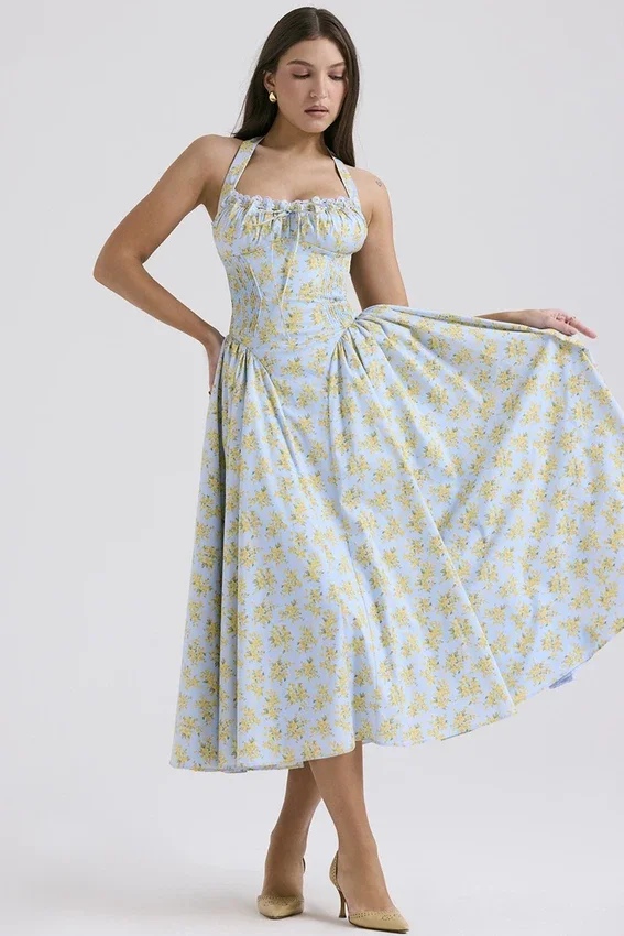 Adabella Soft Blue Vintage Floral Print Cotton Halter Sundress Adabella Soft Blue Vintage Floral Print Cotton Halter Sundress