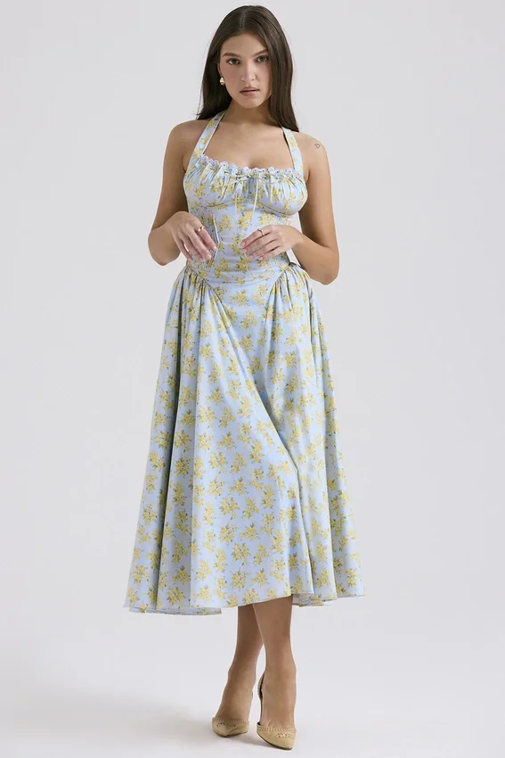 Adabella Soft Blue Vintage Floral Print Cotton Halter Sundress Adabella Soft Blue Vintage Floral Print Cotton Halter Sundress