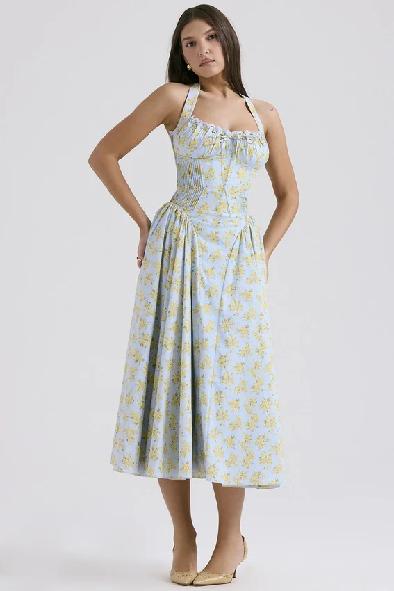 Adabella Soft Blue Vintage Floral Print Cotton Halter Sundress Adabella Soft Blue Vintage Floral Print Cotton Halter Sundress