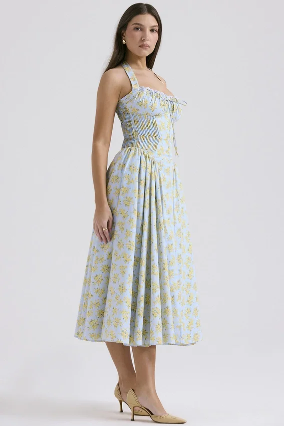 Adabella Soft Blue Vintage Floral Print Cotton Halter Sundress Adabella Soft Blue Vintage Floral Print Cotton Halter Sundress