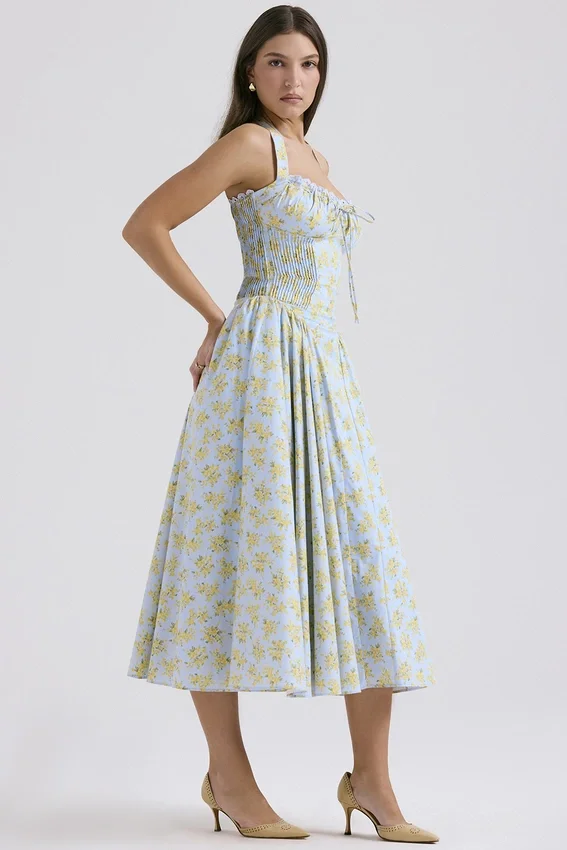Adabella Soft Blue Vintage Floral Print Cotton Halter Sundress Adabella Soft Blue Vintage Floral Print Cotton Halter Sundress