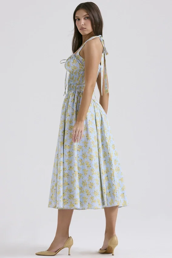 Adabella Soft Blue Vintage Floral Print Cotton Halter Sundress Adabella Soft Blue Vintage Floral Print Cotton Halter Sundress