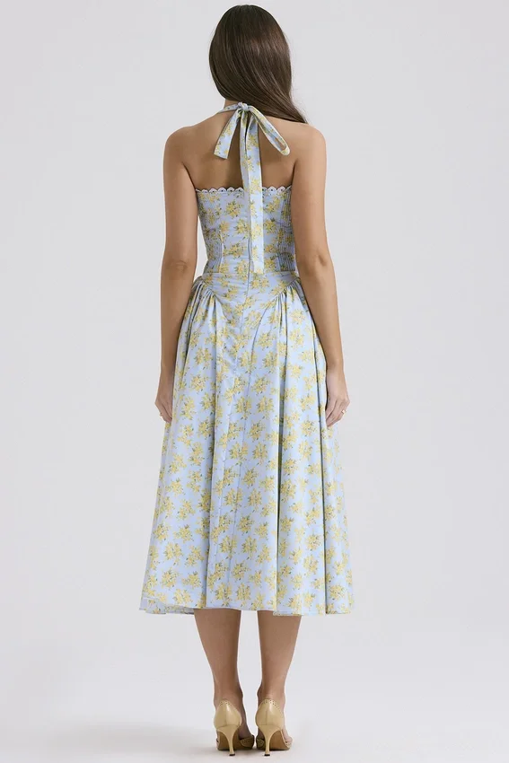 Adabella Soft Blue Vintage Floral Print Cotton Halter Sundress Adabella Soft Blue Vintage Floral Print Cotton Halter Sundress