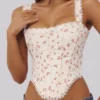 Adina White Rose Print Cotton Scallop Trim Corset Top Adina White Rose Print Cotton Scallop Trim Corset Top