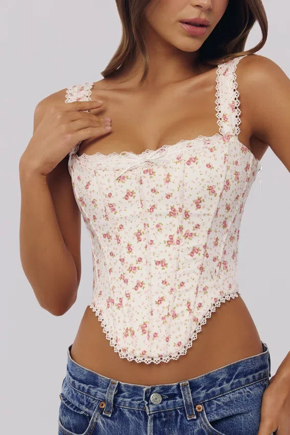 Adina White Rose Print Cotton Scallop Trim Corset Top Adina White Rose Print Cotton Scallop Trim Corset Top