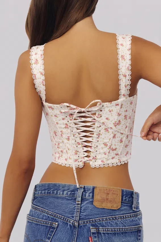 Adina White Rose Print Cotton Scallop Trim Corset Top Adina White Rose Print Cotton Scallop Trim Corset Top