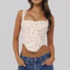 Adina White Rose Print Cotton Scallop Trim Corset Top Adina White Rose Print Cotton Scallop Trim Corset Top