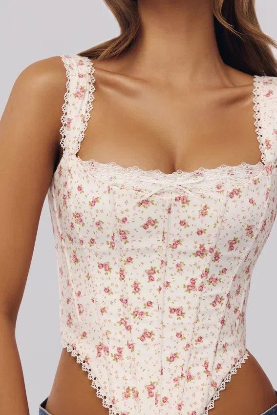 Adina White Rose Print Cotton Scallop Trim Corset Top Adina White Rose Print Cotton Scallop Trim Corset Top