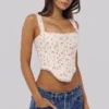 Adina White Rose Print Cotton Scallop Trim Corset Top Adina White Rose Print Cotton Scallop Trim Corset Top